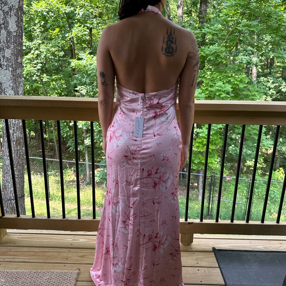 Pink Floral Satin Halter Maxi Dress